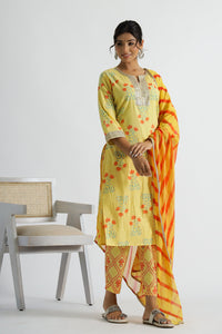 Women Pure Cotton Yellow Floral Kurta With Pant And Chiffon Lehariya Dupatta