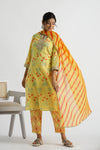 Women Pure Cotton Yellow Floral Kurta With Pant And Chiffon Lehariya Dupatta