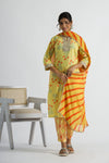 Women Pure Cotton Yellow Floral Kurta With Pant And Chiffon Lehariya Dupatta