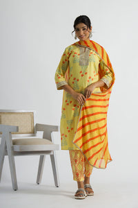 Women Pure Cotton Yellow Floral Kurta With Pant And Chiffon Lehariya Dupatta