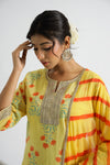 Women Pure Cotton Yellow Floral Kurta With Pant And Chiffon Lehariya Dupatta
