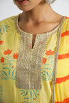 Women Pure Cotton Yellow Floral Kurta With Pant And Chiffon Lehariya Dupatta