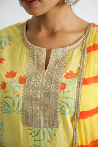 Women Pure Cotton Yellow Floral Kurta With Pant And Chiffon Lehariya Dupatta