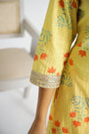 Women Pure Cotton Yellow Floral Kurta With Pant And Chiffon Lehariya Dupatta