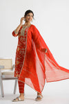 Women Red Floral Kurta With Pant And Chanderi Dupatta