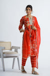Women Red Floral Kurta With Pant And Chanderi Dupatta