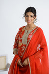 Women Red Floral Kurta With Pant And Chanderi Dupatta