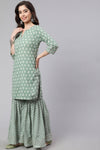 Green Woven Straight Ethnic Printed Embroidered Kurta With Printed Palazzo & Solid Dupatta With Print And Lace Taping