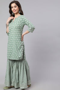 Green Woven Straight Ethnic Printed Embroidered Kurta With Printed Palazzo & Solid Dupatta With Print And Lace Taping