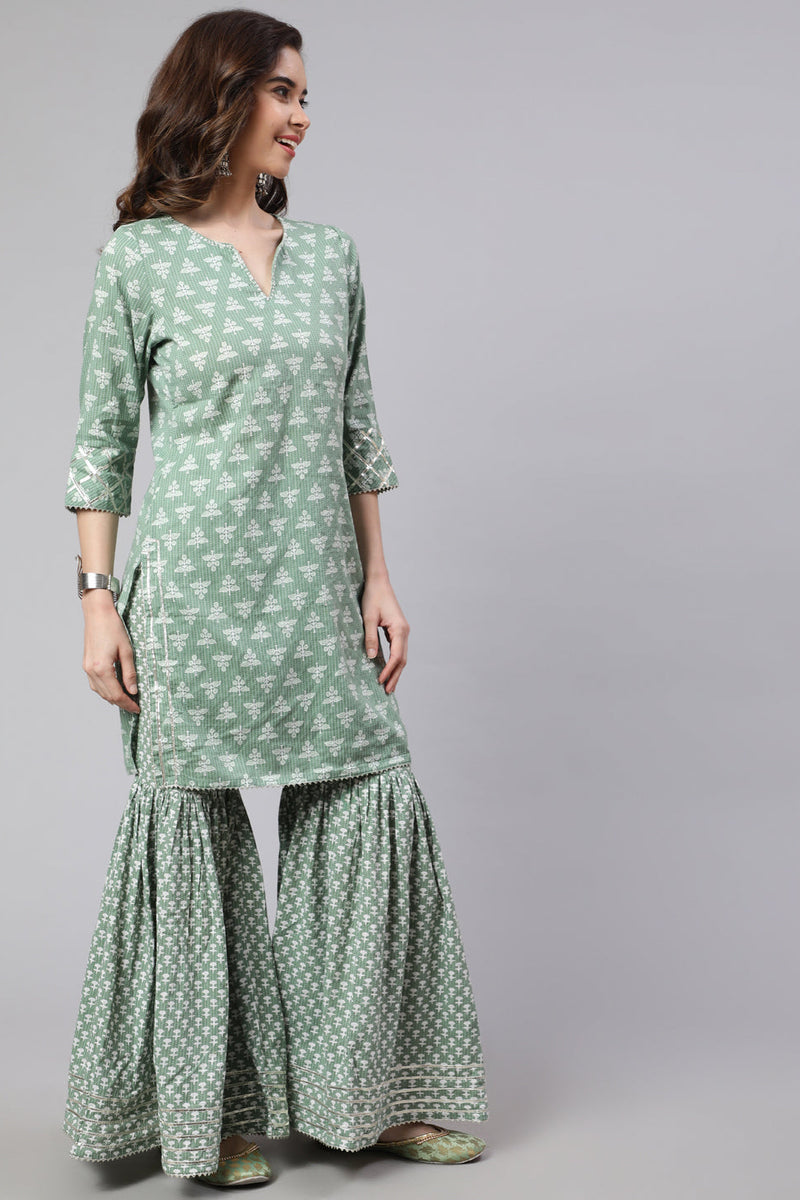 Green Woven Straight Ethnic Printed Embroidered Kurta With Printed Palazzo & Solid Dupatta With Print And Lace Taping
