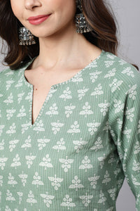 Green Woven Straight Ethnic Printed Embroidered Kurta With Printed Palazzo & Solid Dupatta With Print And Lace Taping