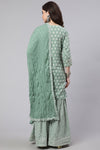 Green Woven Straight Ethnic Printed Embroidered Kurta With Printed Palazzo & Solid Dupatta With Print And Lace Taping