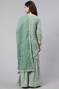 Green Woven Straight Ethnic Printed Embroidered Kurta With Printed Palazzo & Solid Dupatta With Print And Lace Taping