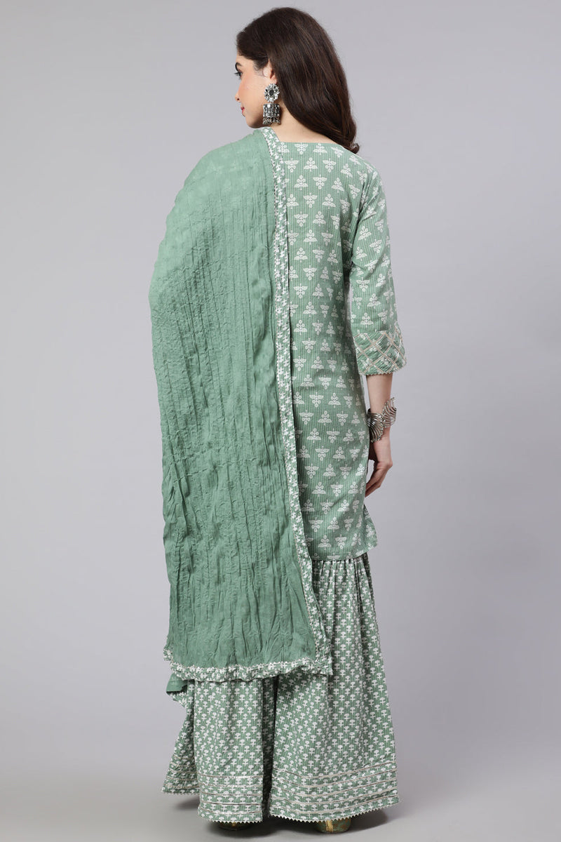 Green Woven Straight Ethnic Printed Embroidered Kurta With Printed Palazzo & Solid Dupatta With Print And Lace Taping