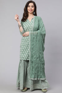 Green Woven Straight Ethnic Printed Embroidered Kurta With Printed Palazzo & Solid Dupatta With Print And Lace Taping