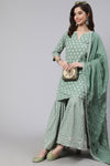 Green Woven Straight Ethnic Printed Embroidered Kurta With Printed Palazzo & Solid Dupatta With Print And Lace Taping