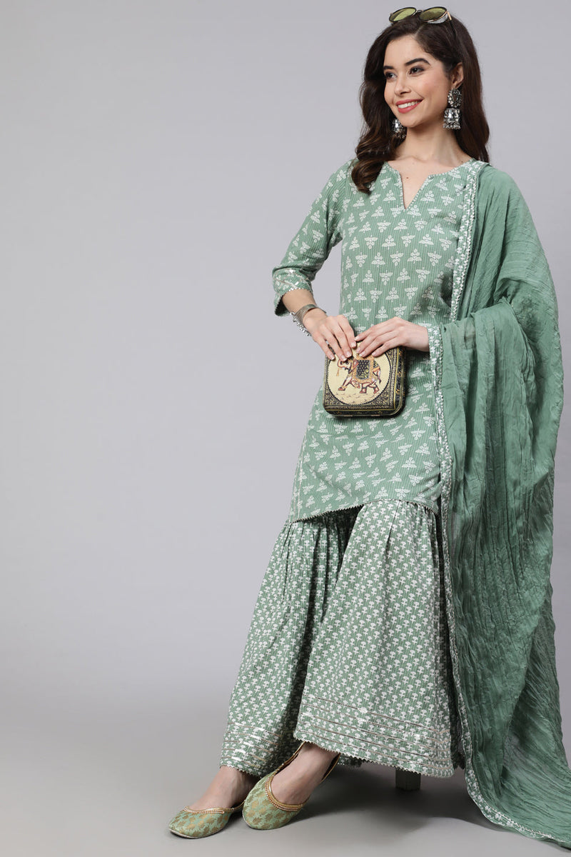 Green Woven Straight Ethnic Printed Embroidered Kurta With Printed Palazzo & Solid Dupatta With Print And Lace Taping