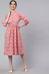 Pink Flared Dress With Button Detail