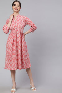Pink Flared Dress With Button Detail