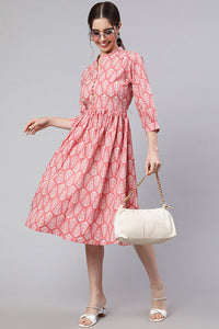 Pink Flared Dress With Button Detail