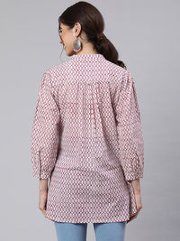 White & Magenta Printed Pleated Short Kurta