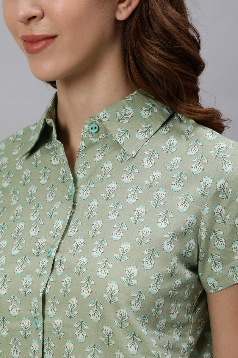 Green Ethnic Print Cotton Loungwear Set With Side Pockets