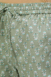 Green Ethnic Print Cotton Loungwear Set With Side Pockets