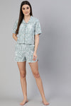 Grey Rayon Slub Quirky Printed Lace Inserted Loungewear