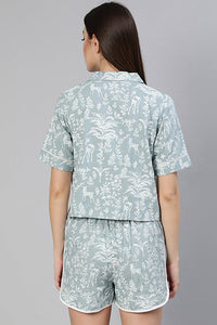 Grey Rayon Slub Quirky Printed Lace Inserted Loungewear