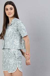 Grey Rayon Slub Quirky Printed Lace Inserted Loungewear