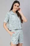 Grey Rayon Slub Quirky Printed Lace Inserted Loungewear