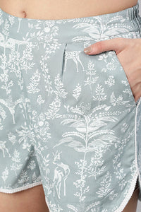 Grey Rayon Slub Quirky Printed Lace Inserted Loungewear