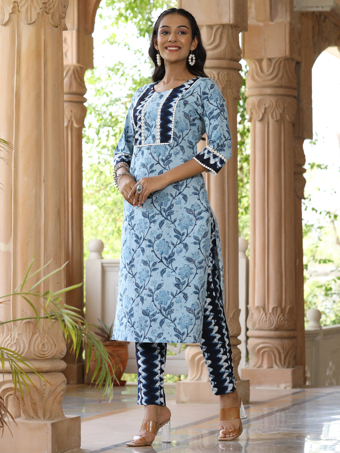 Blue Straight Ethnic Printed Lace Embellished Kurta With Printed Pants