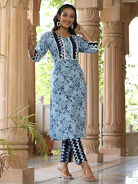 Blue Straight Ethnic Printed Lace Embellished Kurta With Printed Pants