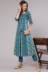 Blue Cotton Printed Embellished A-Line Flared Kali Kurta With Pants