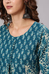 Blue Cotton Printed Embellished A-Line Flared Kali Kurta With Pants