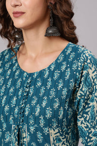 Blue Cotton Printed Embellished A-Line Flared Kali Kurta With Pants