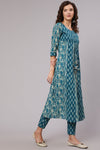 Blue Cotton Printed Embellished A-Line Flared Kali Kurta With Pants