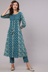 Blue Cotton Printed Embellished A-Line Flared Kali Kurta With Pants
