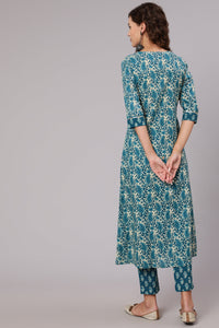 Blue Cotton Printed Embellished A-Line Flared Kali Kurta With Pants