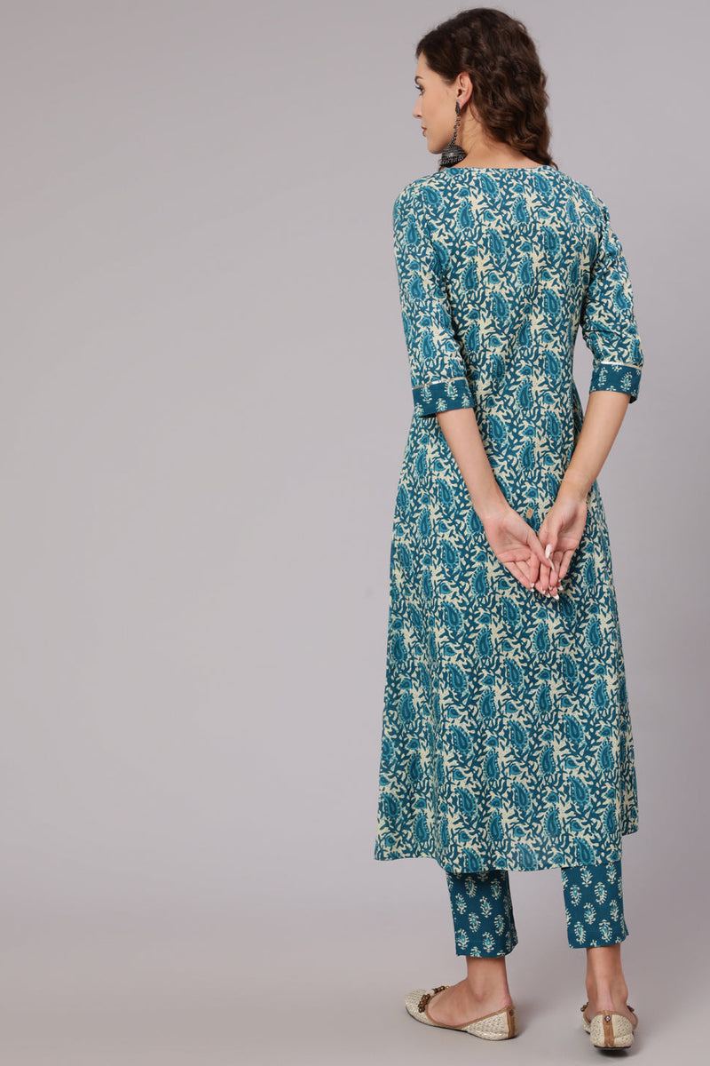 Blue Cotton Printed Embellished A-Line Flared Kali Kurta With Pants