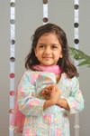 Girls Skyblue Floral Kurti With Pink Sharara And Dupatta
