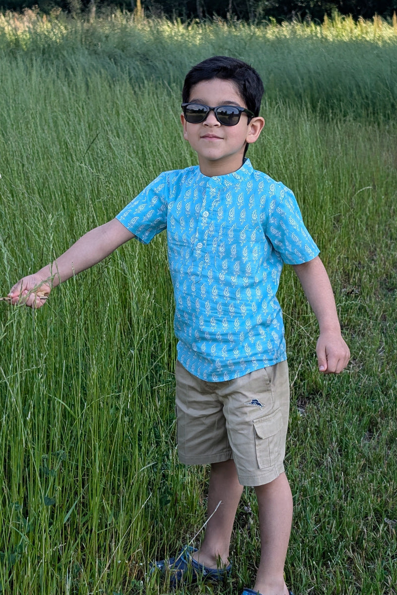 Boys Paisley Print Aqua Blue Half-Sleeve Shirt