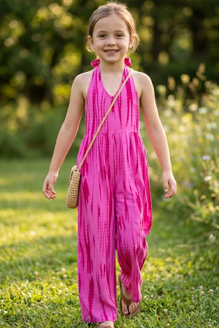 Young girl in a pink jumpsuit standing in a grassy field with trees in the background