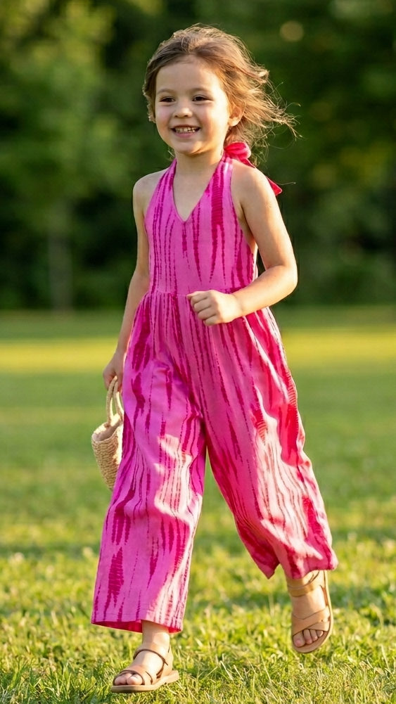 Young girl in a pink dress standing on grass with trees in the background