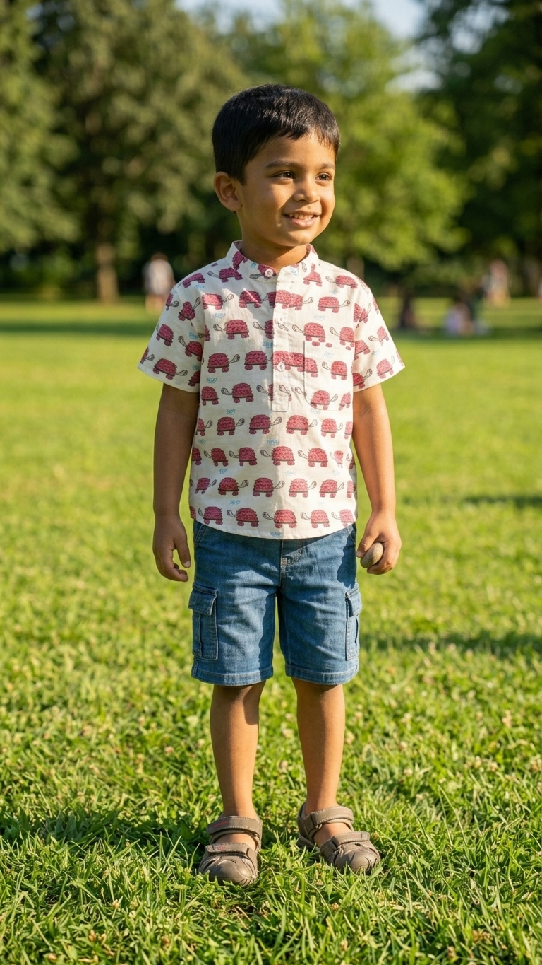 Child wearing a red turtle pattern shirt and shorts standing on grass with trees in the background