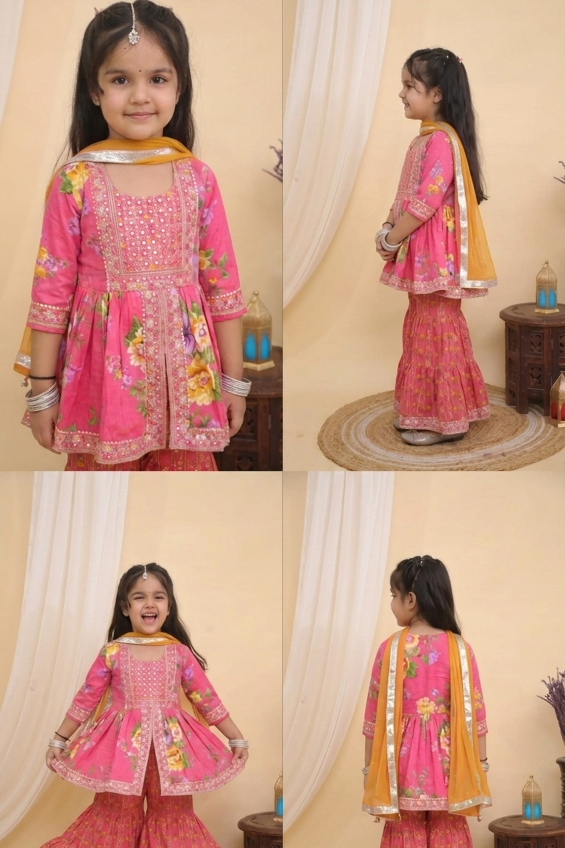 Girls Pink Floral Embroidered Peplum Style Cotton Kurti Set