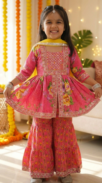 Girls Pink Floral Embroidered Peplum Style Cotton Kurti Set