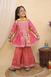 Girls Pink Floral Embroidered Peplum Style Cotton Kurti Set