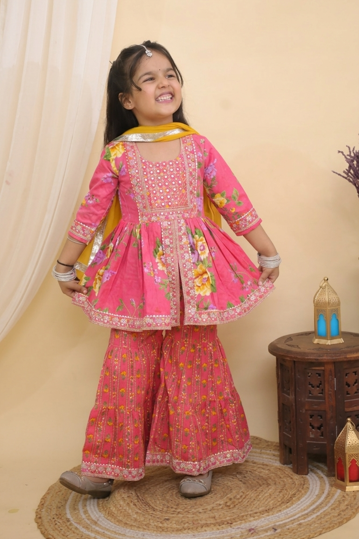 Girls Pink Floral Embroidered Peplum Style Cotton Kurti Set